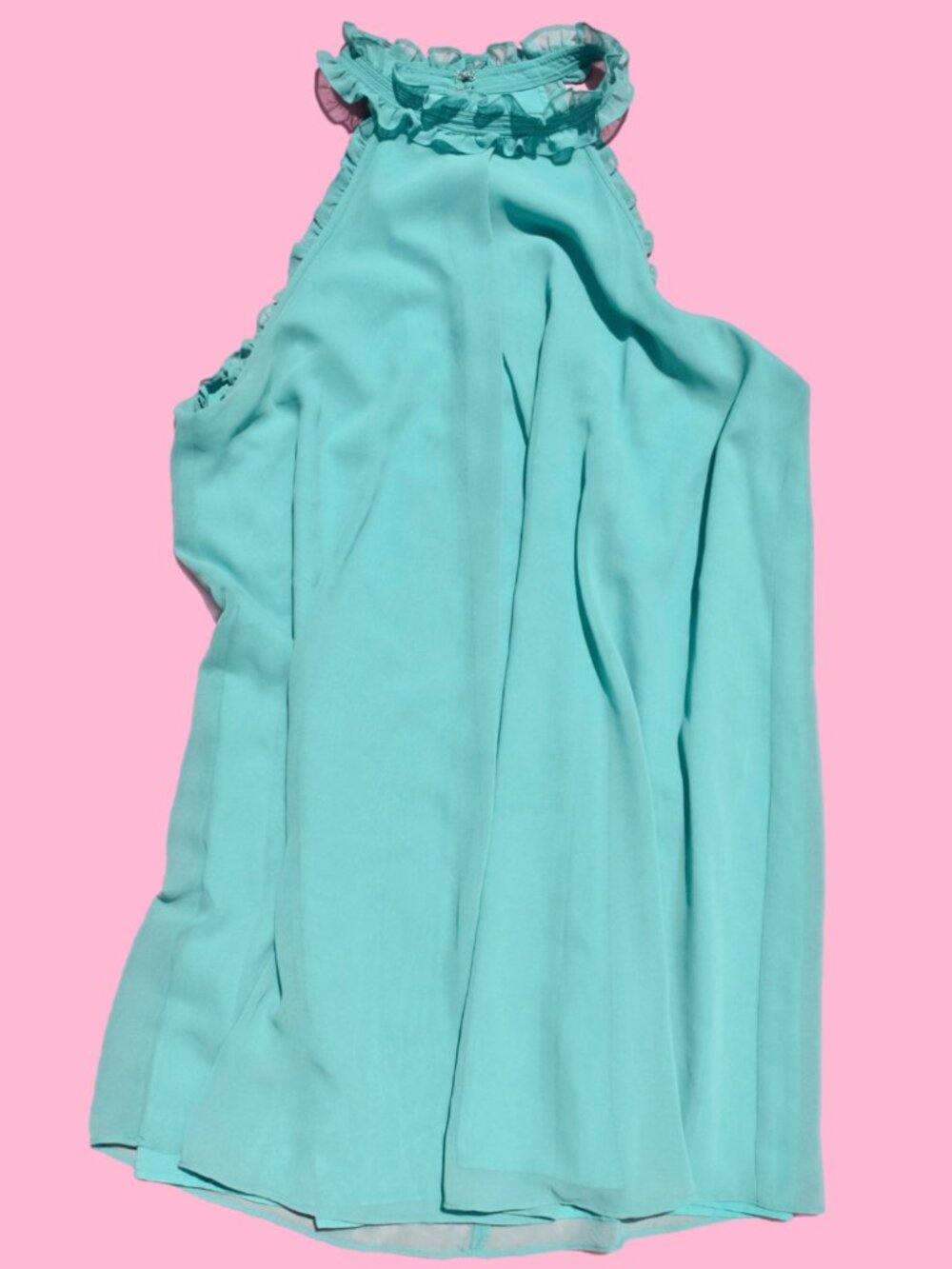 2010s Aqua Turquoise Ruffled Trim Halter Sleeveless A-line Mini Dress